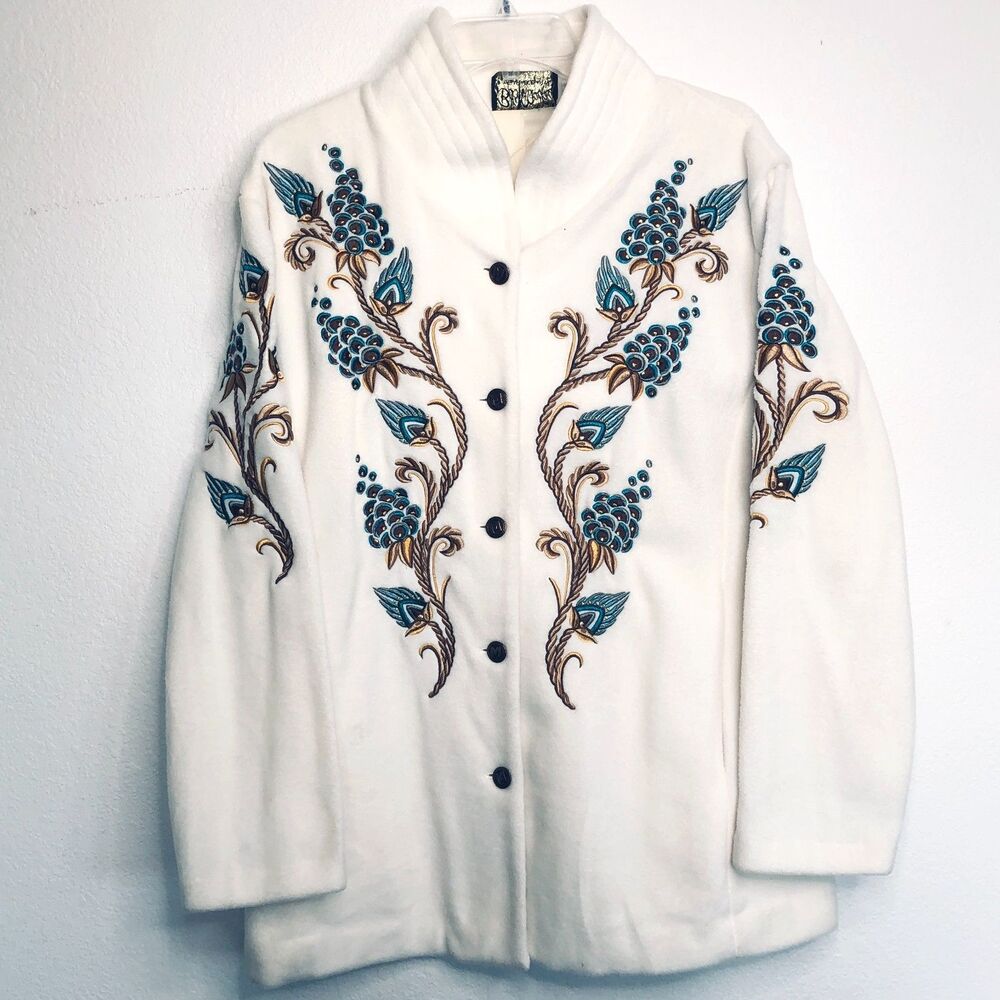 Bob Mackie Wearable Art White Embroidered Fleece Woman's Jacket Size L